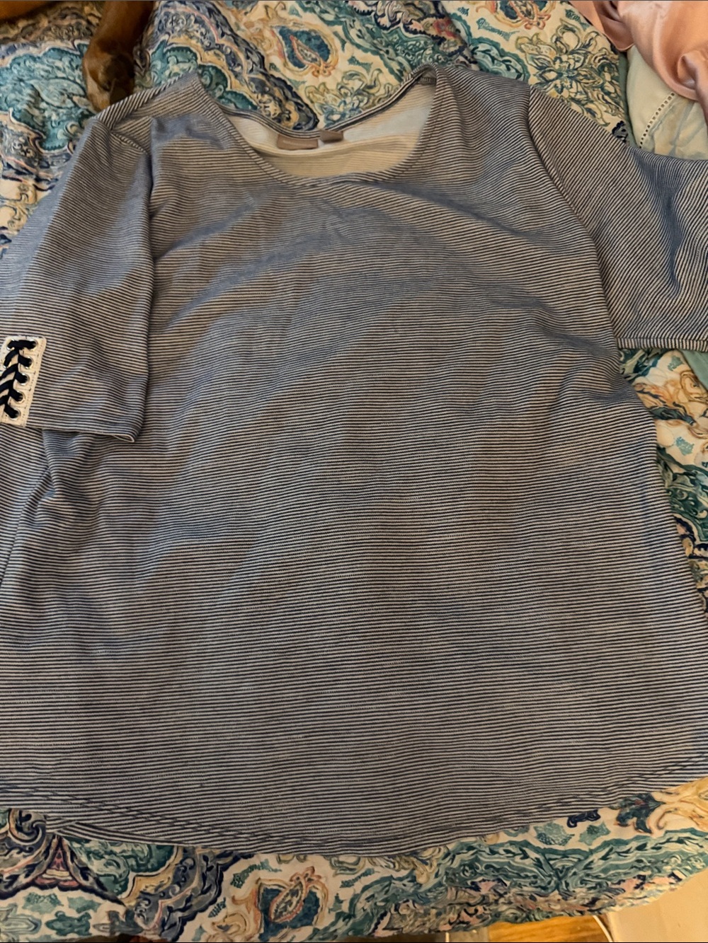 Chico's Navy and White Striped Scoop Neck Top